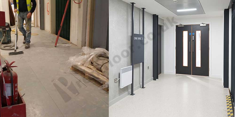 before and after photo showing terrazzo floor on an access screed